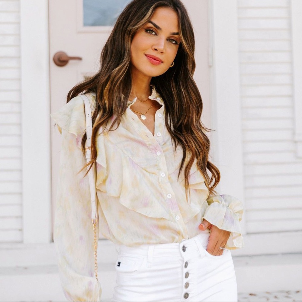 Storybook printed ruffle button down ruffle blouse